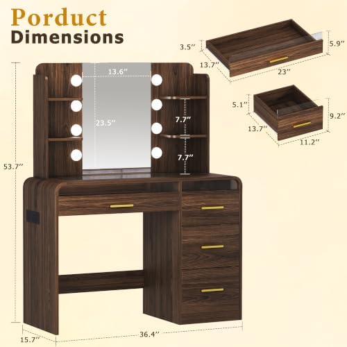 Vanity Desk with Mirror and Lights, Makeup Vanity with 4 Drawers, Transparent Glass Top with RGB Drawers Lighting, Wood Vanity with Charging Station, for Bedroom, Walnut