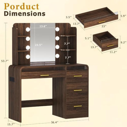 Vanity Desk with Mirror and Lights, Makeup Vanity with 4 Drawers, Transparent Glass Top with RGB Drawers Lighting, Wood Vanity with Charging Station, for Bedroom, Walnut