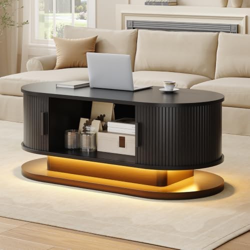 ONBRILL 43.3" Oval Floating Coffee Table with LED Light, Black
