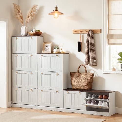 41”Wide Shoe Storage Bench with 2 Flip Drawer, White Narrow Shoe Cabinet
