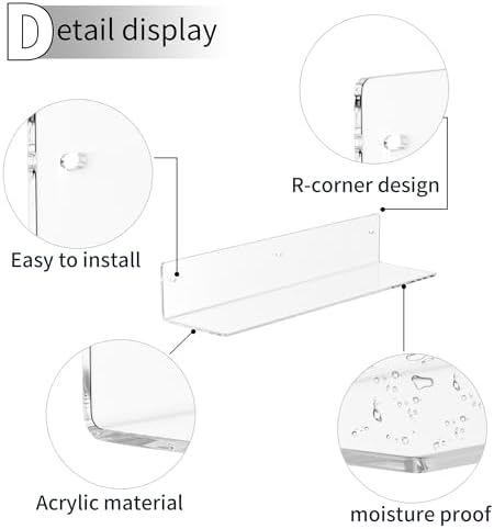 16 Inches Clear Acrylic Shelves, Wall Mounted Organizer Shelves for Bedroom, Clear Wall Storage Shelves for Cosmetics, Skincare, Router, Doll, Toiletries, Helmets, 2 Pack