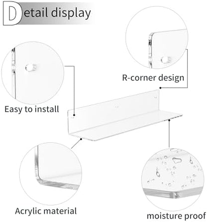 16 Inches Clear Acrylic Shelves, Wall Mounted Organizer Shelves for Bedroom, Clear Wall Storage Shelves for Cosmetics, Skincare, Router, Doll, Toiletries, Helmets, 2 Pack