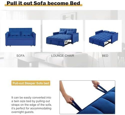 54'' Sleeper Sofa Bed, Convertible Pull Out Couch Futon with Side Pockets, Velvet Loveseat Sofa Bed with Adjustable Backrest, Armrest Pillows for Living Room Dorm Apartment, Blue