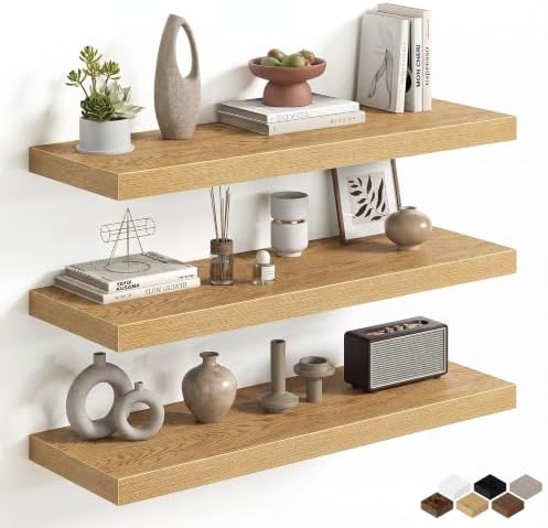 36 Inch Floating Shelves for Wall, 12 Inch Deep Shelves for Bedroom, Kitchen, Bathroom Wall Mounted, Rustic Wood Floating Shelf with Invisible Brackets for Books, Storage, Decor, Oak, 3 Pack
