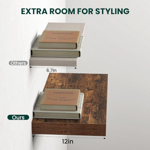 12 Inch Deep Floating Shelves Brown, 48 Inch Long, 2" Thick Floating Shelves for Wall, Hidden Bracket, Scratch-Resistant Wood Grain for Bedroom Bathroom Kitchen, Coffee Bar, Bookshelf
