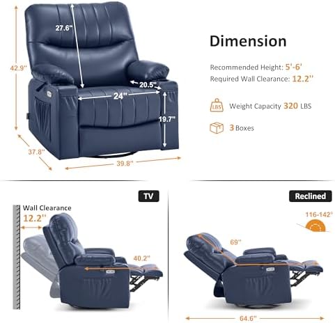 MCombo Oversize Swivel Glider Recliner Chair with Heat & Massage 7785 Blue