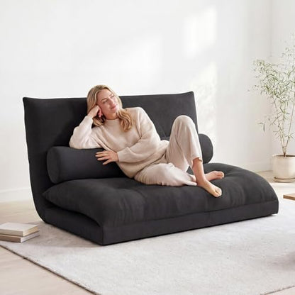 GIANTEX Adjustable Floor Sofa Couch with 2 Pillows, Multi-Functional 6-Position Foldable Lazy Sofa Sleeper Bed, Multi-Functional Suede Floor Seating for Reading Gaming (Black)