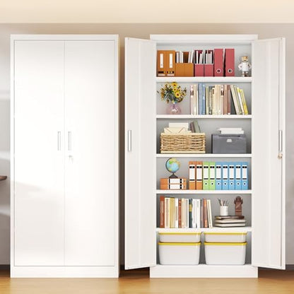 White Garage Storage Cabinet, 71" H Metal Storage Cabinet with 5 Adjustable Shelves, Locking Cabinets for Home, Office, Garage, School