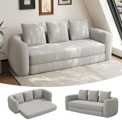 91" Curved Sofa Bed, Chenille Futon Cloud Couch, Deep Seat, Beige