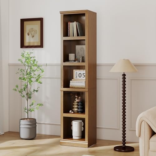 blini 5-Shelf Narrow Bookcase Wooden Tall Bookshelves Floor Standing Display Storage Shelves Vintage Oak Bookcase for Home Office, Living Room, Bed Room