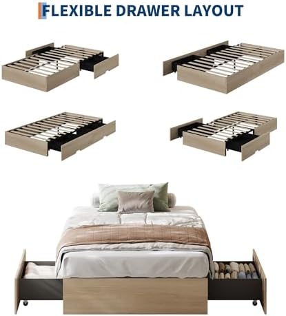 GarveeHome Wood Platform Bed Frame, Twin Bed Frame with 2 Drawers
