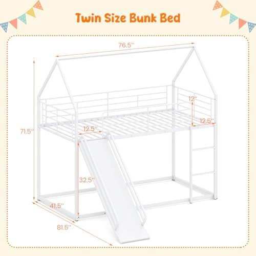 KOTEK Twin Over Twin House Bunk Bed with Slide, White