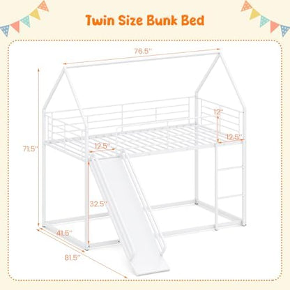 KOTEK Twin Over Twin House Bunk Bed with Slide, White