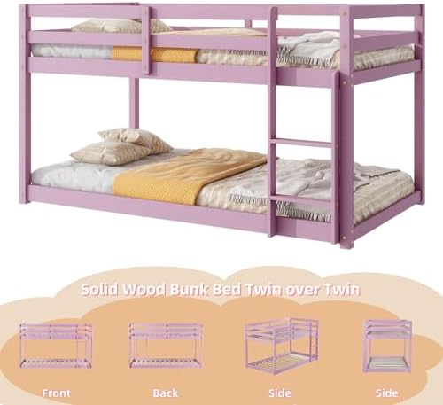Bunk Bed Twin Over Twin with Ladder and Safety Guardrails, Solid Wood Low Bunk Beds Frame for Teens and Adults, Twin Size Floor Bunk Bed, No Box Spring Needed, Pink