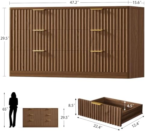 Fluted 6 Drawer Dresser for Bedroom, Wide Modern Chest of Drawers with Metal Handle, Curved Profile Design, Wood Closet Clothes Storage Organizer for Bedroom, Hallway, Walnut