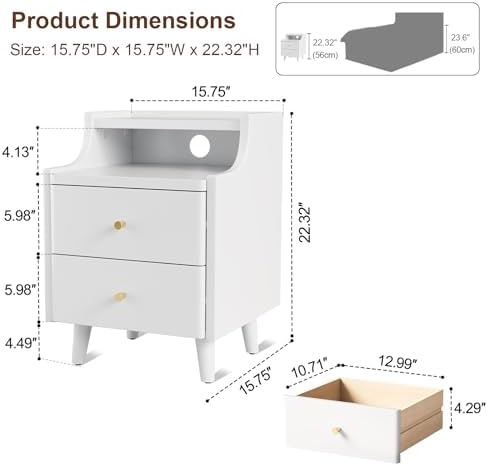 Narrow Nightstand with 2 Drawers,Solid Wood Bedside Table,White Nightstand