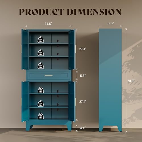 71"H Metal Kitchen Pantry Cabinet with Drawers,Blue Kitchen Storage Cabinets with Doors,Farmhouse Pantry Food Storage Cabinets,Tall Pantry Cabinets,Large Freestanding Cabinets for Dining Room