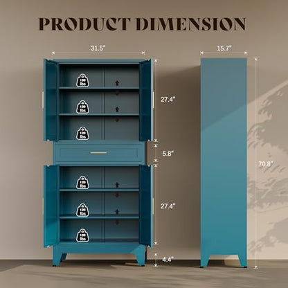 71"H Metal Kitchen Pantry Cabinet with Drawers,Blue Kitchen Storage Cabinets with Doors,Farmhouse Pantry Food Storage Cabinets,Tall Pantry Cabinets,Large Freestanding Cabinets for Dining Room