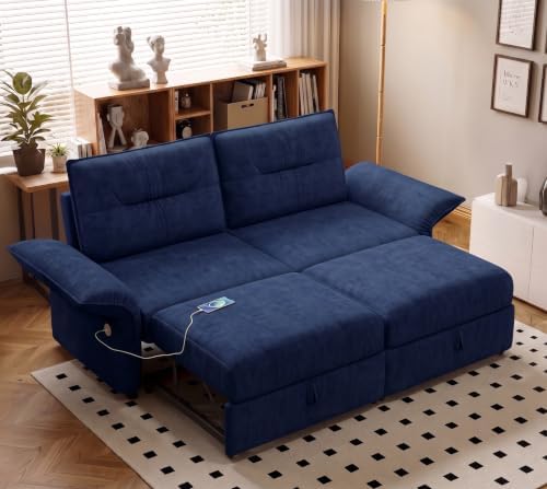 85" Convertible Queen Pull Out Sleeper Sofa Bed with USB Port, Blue
