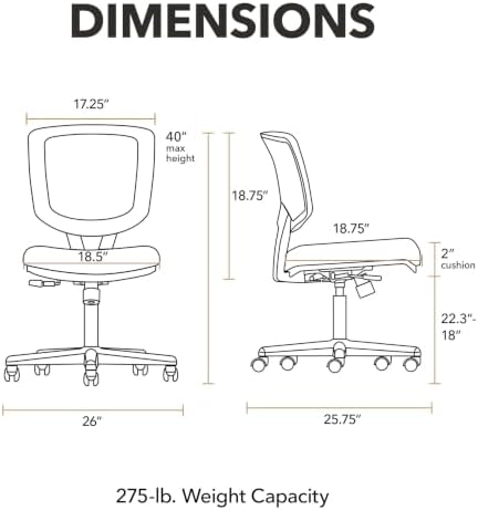 HON Volt Ergonomic Office Chair, Armless, Office Desk Computer Chair, Black