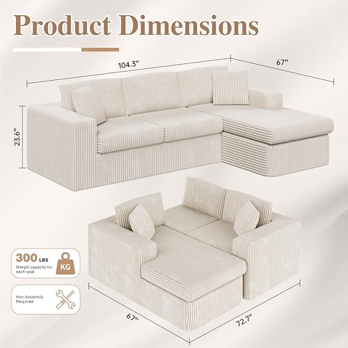 105" Boneless Couches for Living Room Modular Sectional Sofa L-Shape with Oversized Chaise, No Assembly Required, Deep Seat Cloud Couch Memory Foam, Pet-Friendly Corduroy, Cream Beige