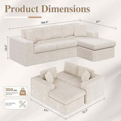 105" Boneless Couches for Living Room Modular Sectional Sofa L-Shape with Oversized Chaise, No Assembly Required, Deep Seat Cloud Couch Memory Foam, Pet-Friendly Corduroy, Cream Beige