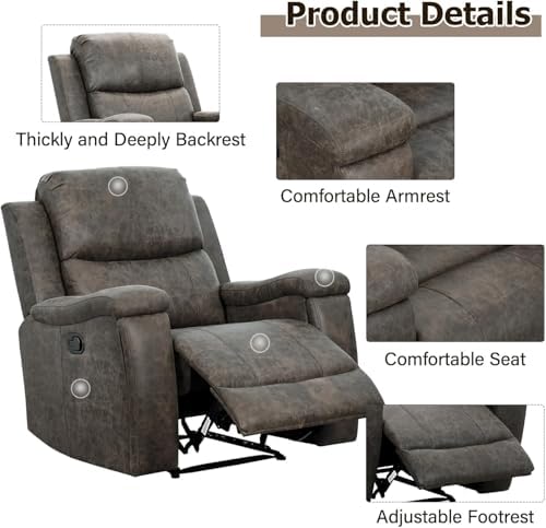 CANMOV Leather Recliner Chair Set of 2, Classic and Traditional Manual Recliner Chair with Overstuffed Arms and Back, Manual Single Sofa with Concealed Cup Holders,Grey