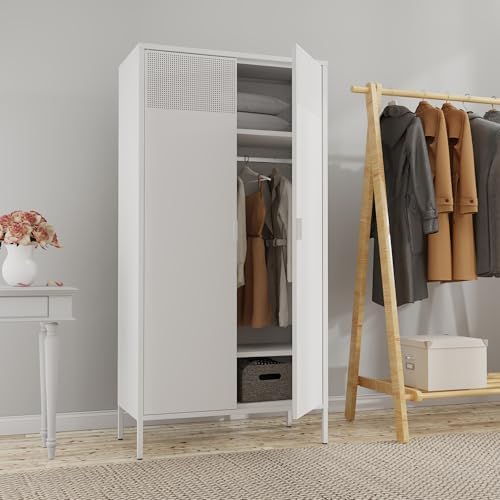 Washsemba Metal Storage Cabinets Locker with Hanging Rod and Adjustable Shelves, 71'' Clothing Steel Storage Wardrobe for Home & Office, School, Employee,Gym(White, 71''H-Wardrobe)