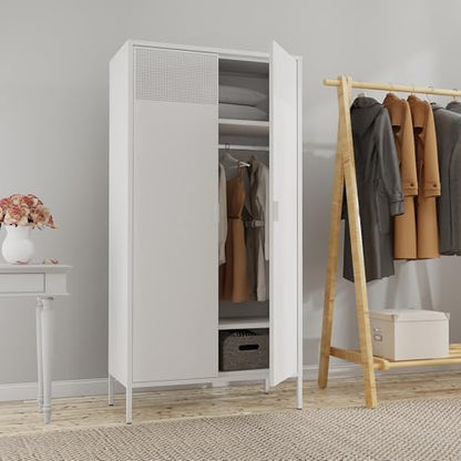 Washsemba Metal Storage Cabinets Locker with Hanging Rod and Adjustable Shelves, 71'' Clothing Steel Storage Wardrobe for Home & Office, School, Employee,Gym(White, 71''H-Wardrobe)
