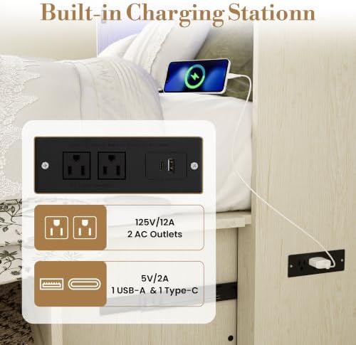 Queen Murphy Bed with Hidden Storage, Farmhouse Cabinet Bed with Storage Drawer, RGB LED Lights & Charging Station, Space-Saving Wall Bed with 6 Metal Legs, White
