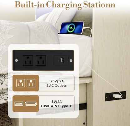 Queen Murphy Bed with Hidden Storage, Farmhouse Cabinet Bed with Storage Drawer, RGB LED Lights & Charging Station, Space-Saving Wall Bed with 6 Metal Legs, White