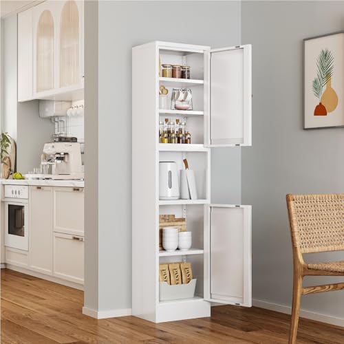 Metal Bathroom Storage Cabinet, 67" Tall Narrow Freestanding Floor Cabinet with Adjustable Shelves and Open Compartment, Slim Metal Locker for Laundry, Kitchen, Dining Room