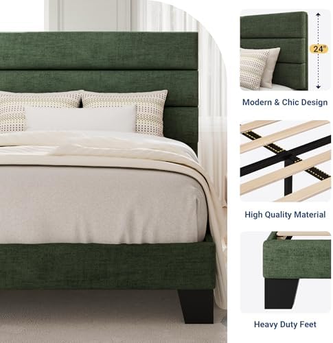 SHA CERLIN Twin Platform Bed Frame with Upholstered Fabric Headboard, Green
