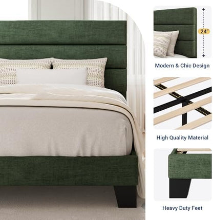 SHA CERLIN Twin Platform Bed Frame with Upholstered Fabric Headboard, Green