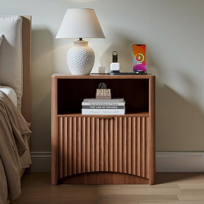 Evermagin Fluted Nightstand Set of 2 with Charging Station, Walnut