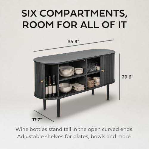 55'' Fluted Sideboard Buffet Cabinet with Sliding Doors and Adjustable Shelves for Dining Room, Living Room, Entryway. Mid Century Modern Fluted Cabinet with Storage (Black Oak)