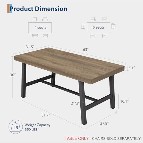 Garvee 63" Industrial Dining Table, Rectangular Kitchen Table, Rustic Pear