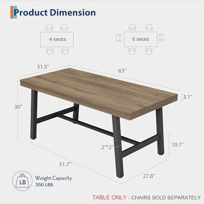 Garvee 63" Industrial Dining Table, Rectangular Kitchen Table, Rustic Pear