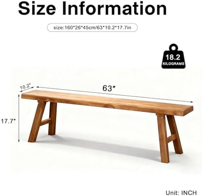Front Entryway Bench Indoor Hallway Bedroom End of Bed Farm House Rustic Dining Table Vintage Narrow Noodle Bench Solid Wood (L 63″x10.2″W x 17.7″H)