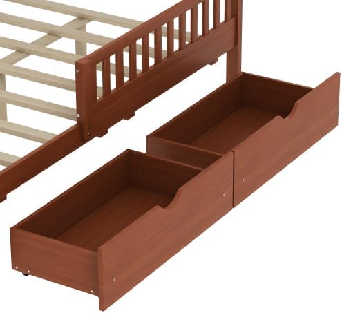 Bellemave Kids Full Bed Frame with Fences and 2 Drawers, Full Size Wooden Platform Bed with Guardrails on Both Sides for Boys Girls, Walnut