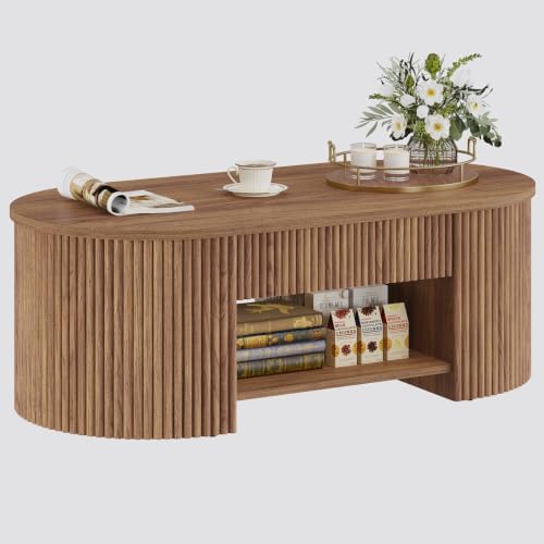 FATORRI Oval Coffee Table with Fluted Wood Panels, Mid-Century Modern Center Table with Storage Drawer and Open Shelf, Walnut Cocktail Table for Living Room, Bedroom, Home Office, 43 Inch