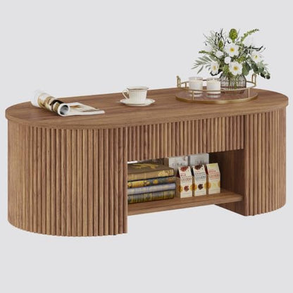 FATORRI Oval Coffee Table with Fluted Wood Panels, Mid-Century Modern Center Table with Storage Drawer and Open Shelf, Walnut Cocktail Table for Living Room, Bedroom, Home Office, 43 Inch
