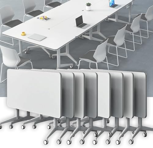 Conference Table, Folding Conference Room Tables on Wheels, Modern Meeting Seminar Table Computer Desk, Boardroom Desk for Office Meeting Conference Room,White,8 Pack 63inch