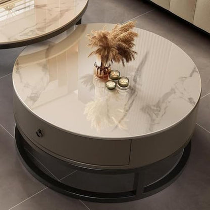 Round Nesting Coffee Table with Storage Drawer Set of 2, Modern Cocktail Table with Faux Marble Top for Living Room Small Space 31.5" Black/Grey-Gray