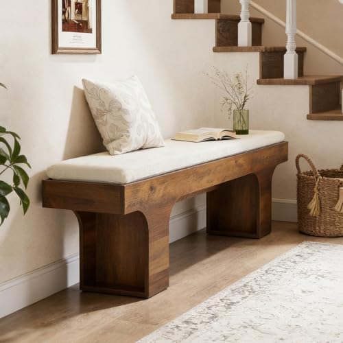 LITTLE TREE 55.2" Dining Bench with Linen Cushion, Farmhouse Entryway Bench