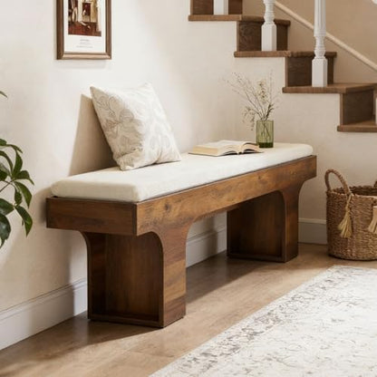 LITTLE TREE 55.2" Dining Bench with Linen Cushion, Farmhouse Entryway Bench