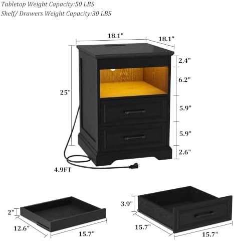 Yusong Farmhouse Night Stand with Gun Drawer & Invisible Lock, 25" Tall LED Bedside Table with Charging Station, End Table with Open Shelf for Bedroom Room (Black)