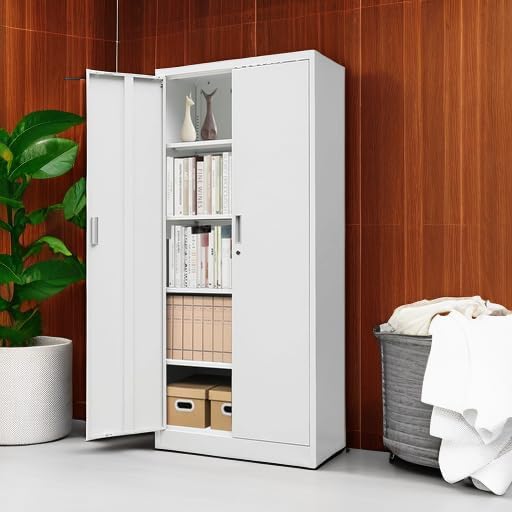 White Garage Storage Cabinet, 71" H Metal Storage Cabinet with 5 Adjustable Shelves, Locking Cabinets for Home, Office, Garage, School