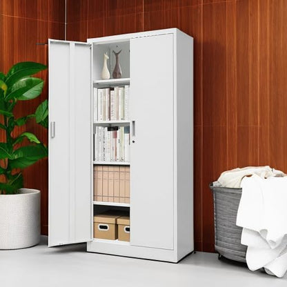White Garage Storage Cabinet, 71" H Metal Storage Cabinet with 5 Adjustable Shelves, Locking Cabinets for Home, Office, Garage, School