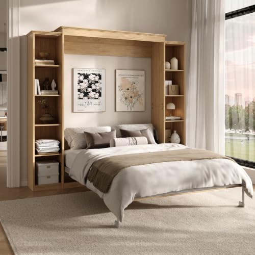 Rophefx Queen Murphy Bed Cabinet, 5-Tier Shelves, Wall Bed, Natural Wood